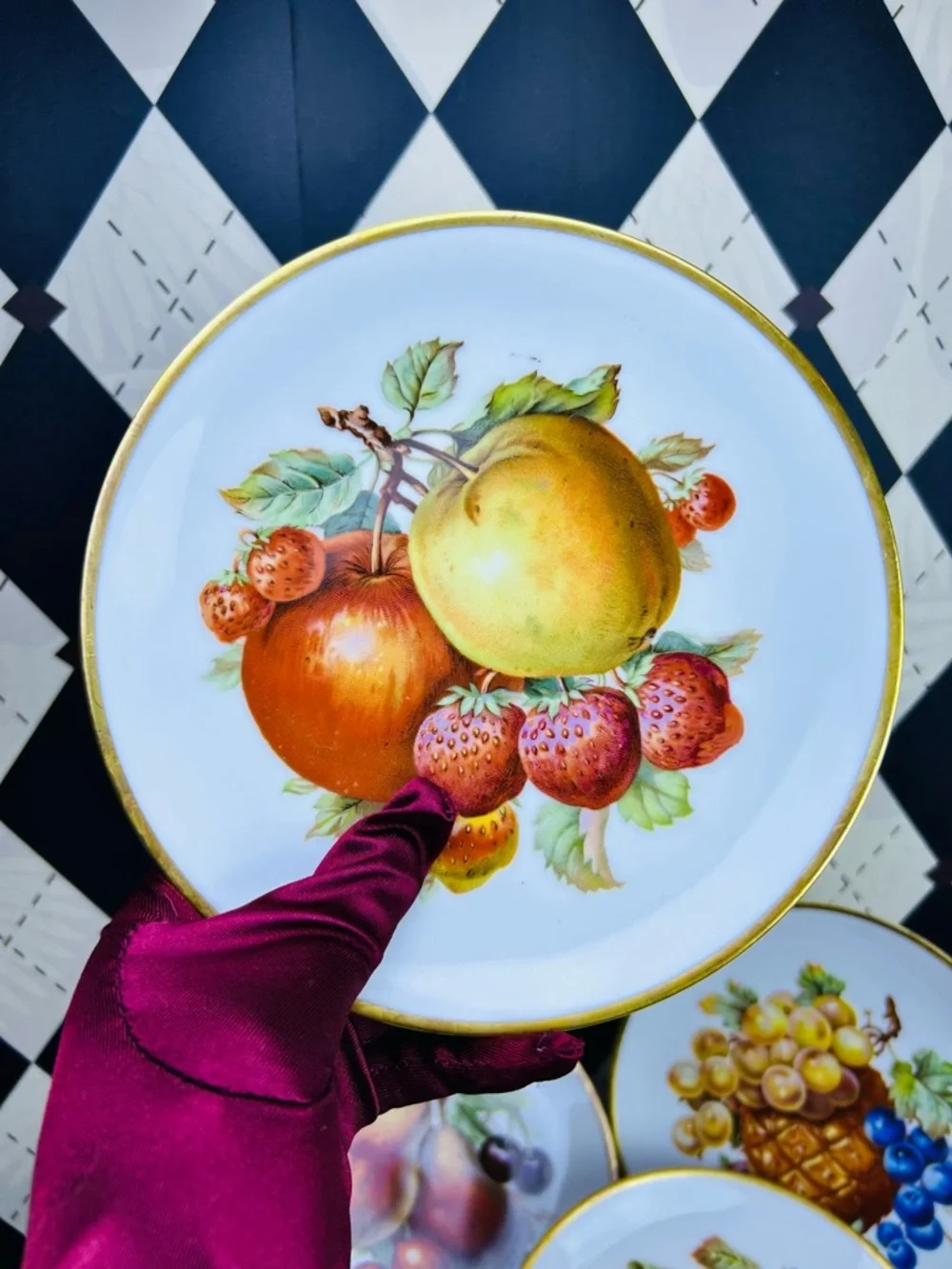 Vintage Mitterteich Bavaria Fruit Plates Set‎ of 6 Gold Rim German Porcelain